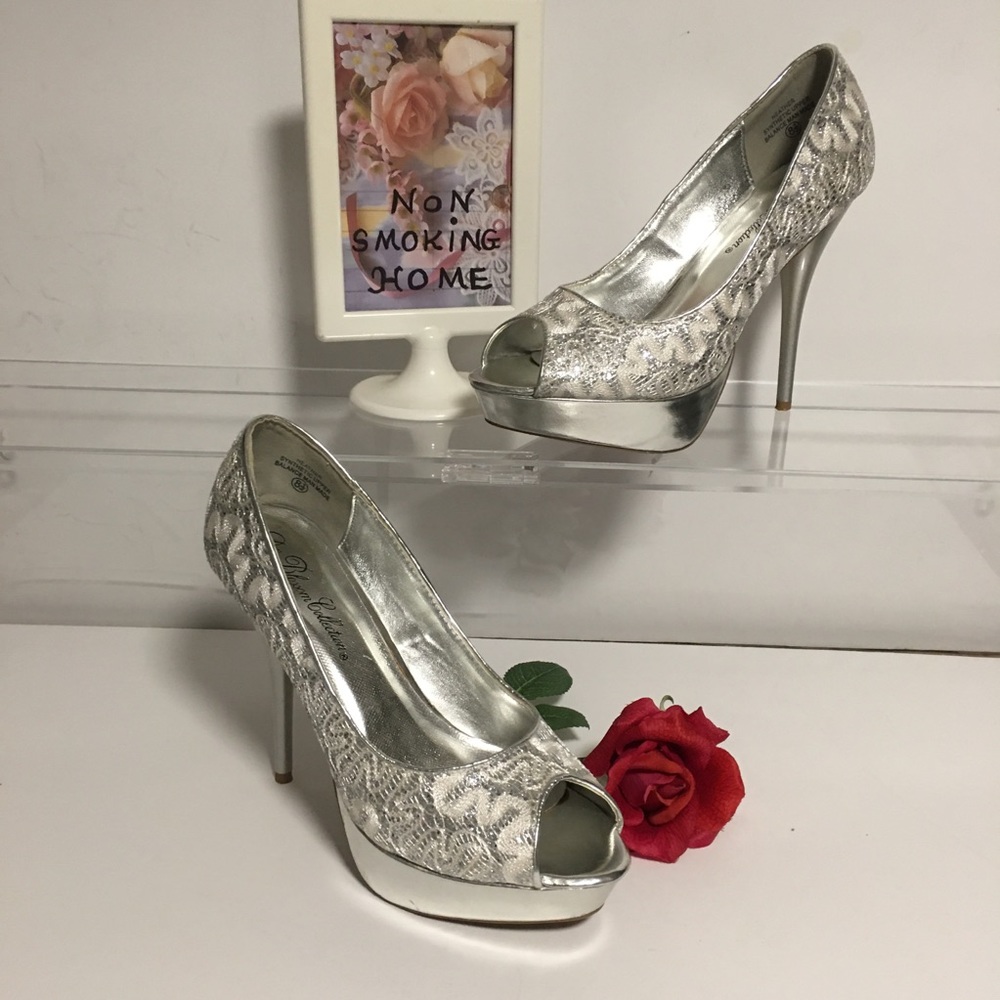 DE BLOSSOM FAIRYCORE WHIMSICAL
WEDDING HEELS SILVER LACE PERP TOE STILETTOS 8.5